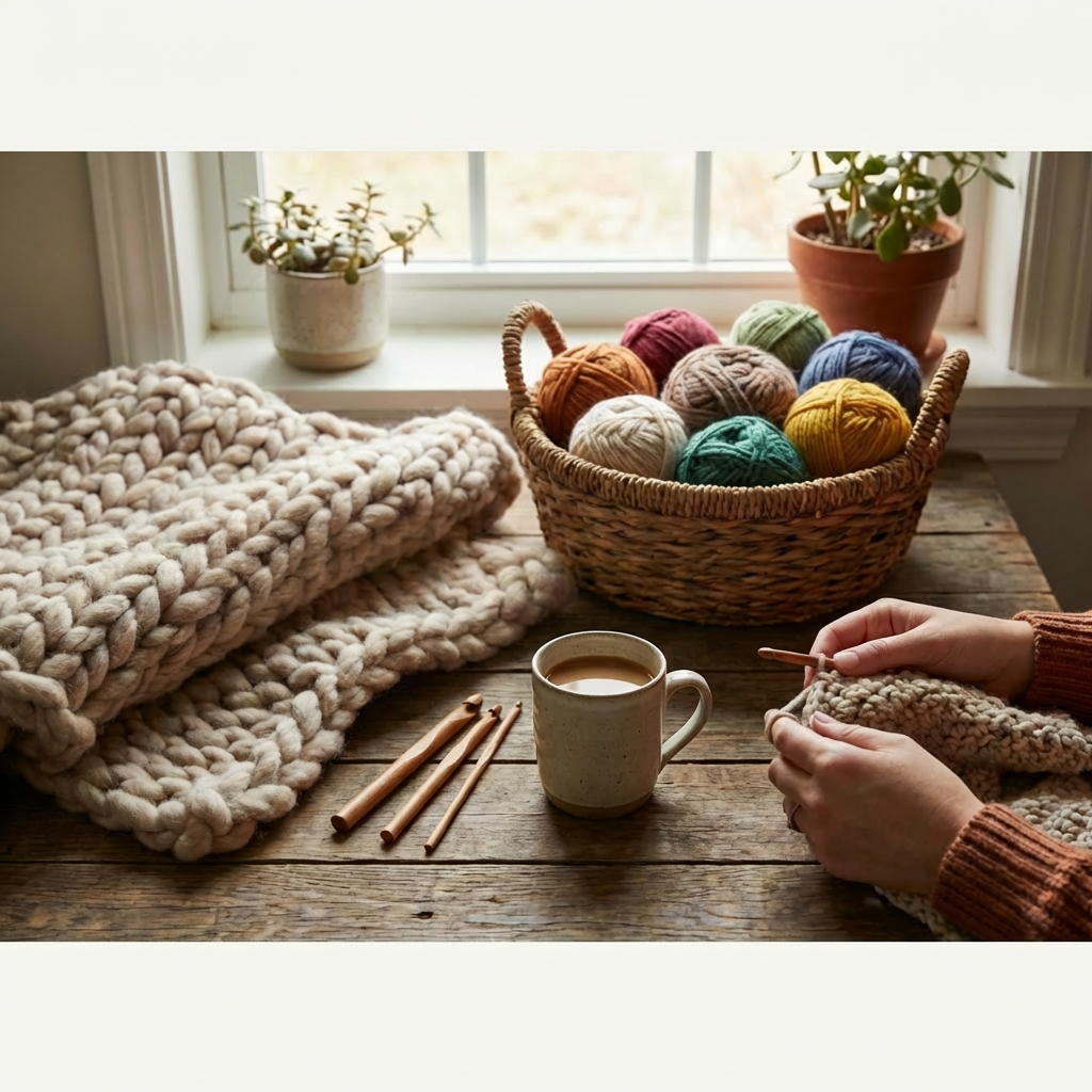 Handcrafted yarn and crochet supplies store The Cozy Stitch website homepage with a free shipping banner and a person crocheting.